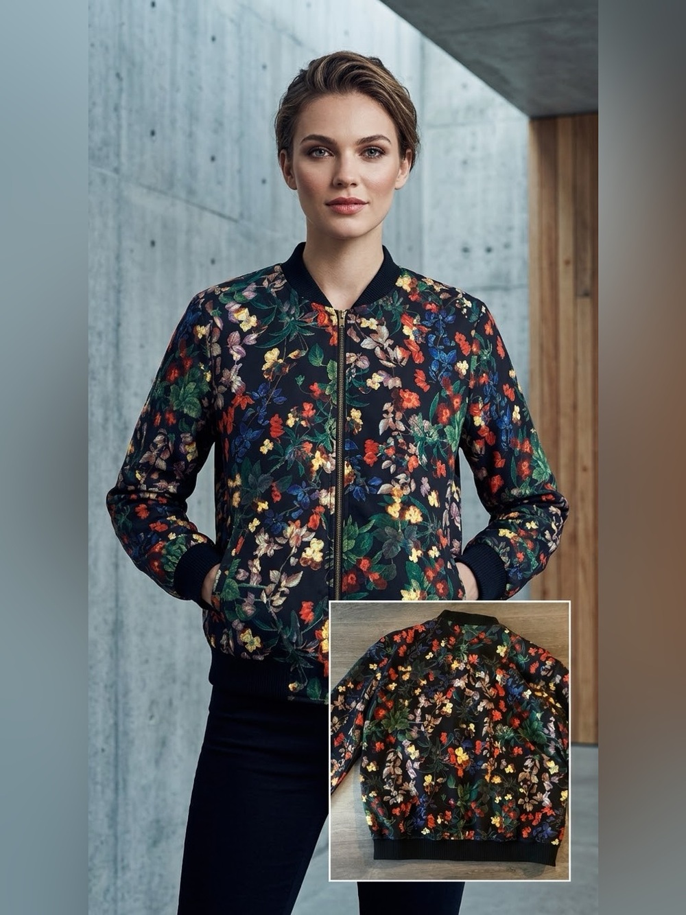 Like NEW! ICŌNE Simons Floral Bomber Jacket Gorgeous Statement Zip-Up Multicolor